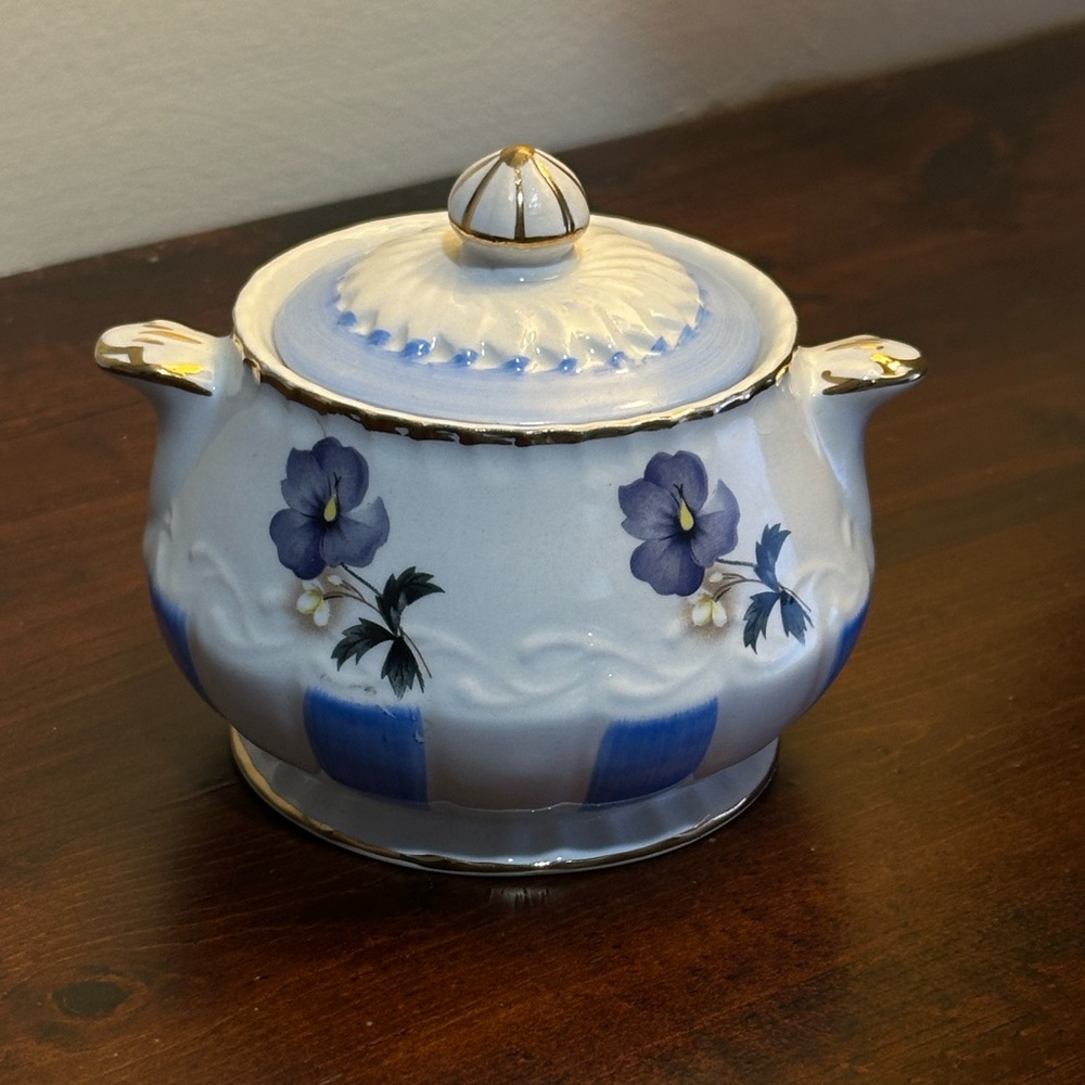 Vintage Sugar Bowl Lid Blue Stripe Floral Cottage Gold Whimsy
